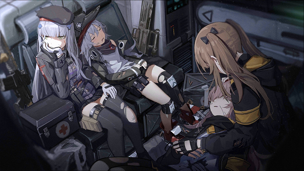 404_(girls'_frontline) 4girls armband artist_request assault_rifle bandages beret black_hoodie black_jacket black_ribbon blunt_bangs brown_hair bullet closed_eyes cross cross_hair_ornament elbow_rest fingerless_gloves first_aid_kit g11_(girls'_frontline) game_cg girls'_frontline gloves green_eyes green_headwear green_jacket grey_hair gun h&amp;k_g11 h&amp;k_hk416 hair_between_eyes hair_ornament hair_ribbon hairclip hat head_rest heckler_&amp;_koch helianthus_(girls'_frontline) helicopter_interior hk416_(girls'_frontline) hood hoodie injury iron_cross jacket knee_pads long_hair long_sleeves looking_at_another lying multiple_girls official_art on_back open_mouth pantyhose parted_lips red_footwear ribbon rifle scarf_on_head shirt shoes sitting skirt smile sneakers spoilers thigh_pouch thighhighs torn_clothes torn_pantyhose torn_thighhighs twintails ump45_(girls'_frontline) ump9_(girls'_frontline) very_long_hair weapon white_gloves white_shirt yellow_armband