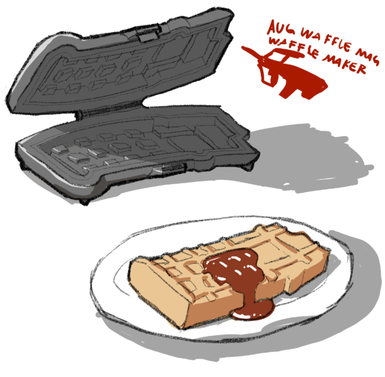 assault_rifle bullpup chocolate_syrup english_text food gun hamsta magazine_(weapon) no_humans original plate rifle shadow simple_background sketch steyr_aug waffle waffle_maker weapon white_background