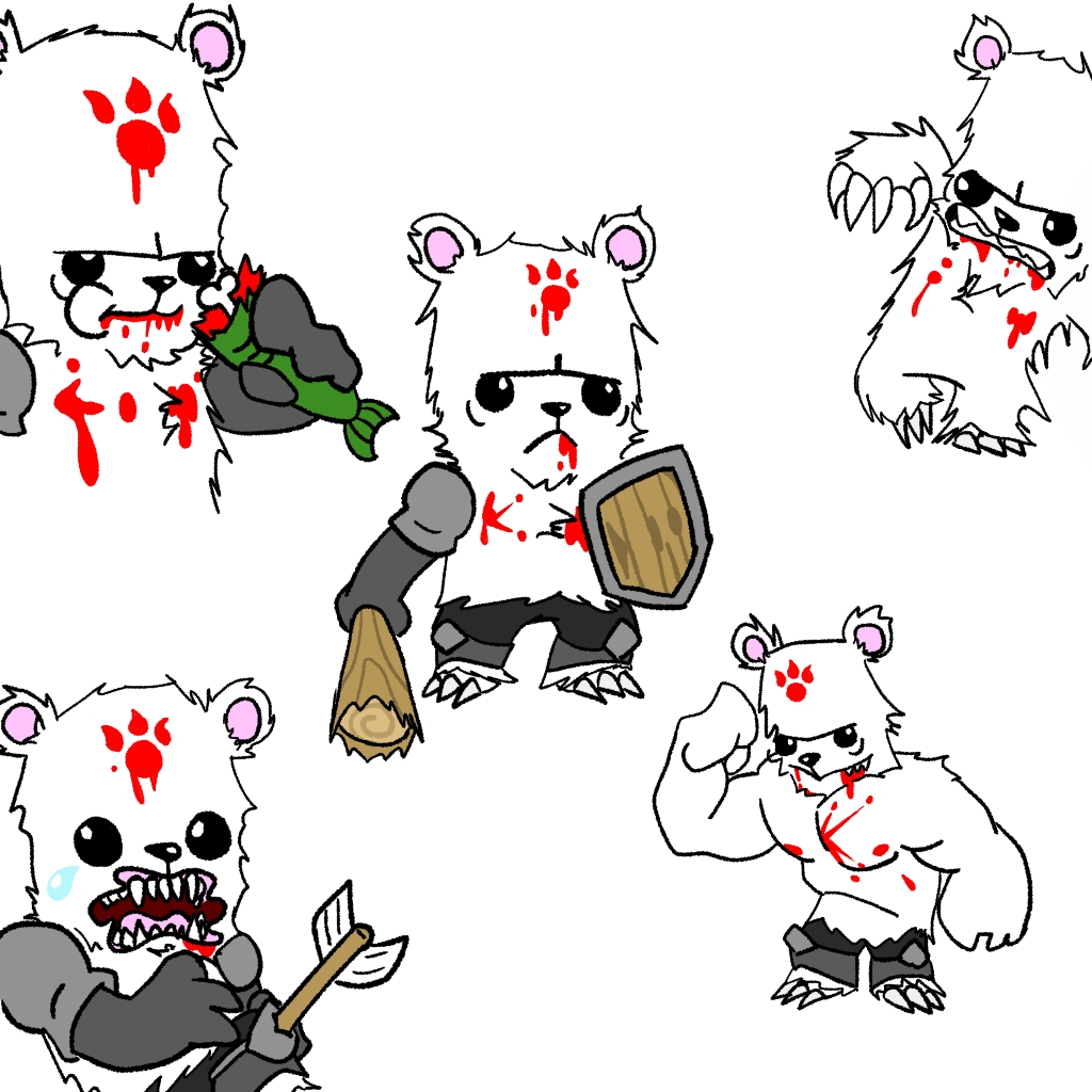 angry anthro armored_boots arrow_(weapon) bear_(castle_crashers) black_sclera blood bodily_fluids castle_crashers claws clothing club_(weapon) death eating eating_food fangs fish gloves handwear male marine melee_weapon muscular open_mouth pinwinito ranged_weapon shield smile solo tears_of_pain teeth weapon