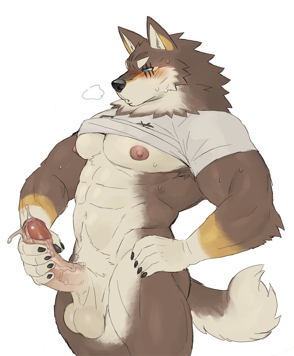 2023 abs anthro armpit_hair balls barazoku big_balls big_muscles big_penis blush bodily_fluids body_hair bottomless bottomless_anthro bottomless_male breath canid canine canis claws clothed clothing erection fur genital_fluids genitals hand_on_hip hi_res humanoid_genitalia humanoid_penis male mammal masturbation muscular muscular_anthro muscular_male narrowed_eyes navel nipples obliques ogami_aratsuka pecs penile penile_masturbation penis precum raised_clothing raised_shirt raised_topwear rossciaco scar shirt simple_background solo standing sweat topwear tuft vein vtuber white_background wolf youtuber