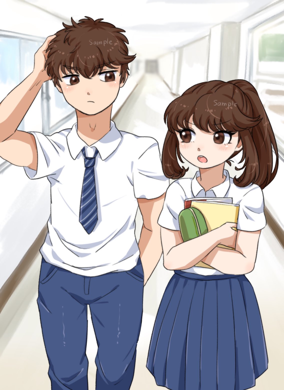 blue_bottomwear blue_clothing blue_necktie blue_pants blue_skirt book bottomwear breasts brother_(lore) brother_and_sister_(lore) brown_eyes brown_hair classroom clothed clothing desk digital_media_(artwork) duo female fingers frown furniture hair hallway hi_res holding_book holding_object human human_only inside koto0v0haru larger_male looking_down looking_up male mammal necktie not_furry open_mouth pants pencil_case ponytail school school_uniform shirt sibling_(lore) sister_(lore) size_difference skirt smaller_female standing table teeth topwear twins_(lore) uniform white_clothing white_shirt white_topwear window