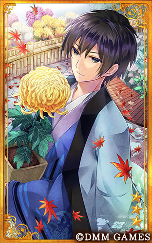 1boy bamboo_fence black_eyes black_hair blue_jacket blue_kimono bungou_to_alchemist card_(medium) chrysanthemum cobblestone copyright falling_leaves fence fish flower flower_pot hair_between_eyes haori holding holding_flower_pot jacket jacket_on_shoulders japanese_clothes kimono koi leaf lowres male_focus maple_leaf official_art pink_flower pond short_hair smile solo tokuda_shusei_(bungou_to_alchemist) tyouya upper_body white_flower yellow_flower