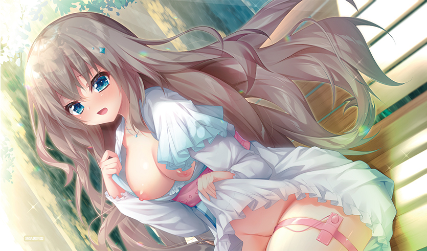 1girl 9-nine- amatsuji aroused bench blue_dress blue_eyes blush breasts breasts_out brown_hair cleavage clothes_lift clothes_pull commentary_request commission dappled_sunlight dress dress_lift dress_pull eyelashes frilled_dress frills full-face_blush furrowed_brow groin hair_between_eyes hair_ornament jewelry kujou_miyako large_breasts lifted_by_self long_hair looking_at_viewer necklace nipples no_bra no_panties open_mouth park park_bench pink_ribbon public_indecency pulled_by_self ribbon second-party_source sidelocks sitting sitting_on_bench solo sparkle sunlight tree very_long_hair vibrator_cord vibrator_in_thigh_strap wavy_hair