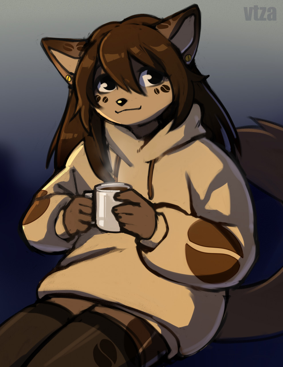 anthro artist_name beverage biped black_clothing black_legwear brown_hair clothing coffee ear_piercing female fur hair hi_res holding_beverage holding_coffee_mug holding_object hoodie hot_beverage legwear long_hair looking_at_viewer piercing sitting solo tail tan_body tan_clothing tan_fur tan_hoodie tan_topwear topwear