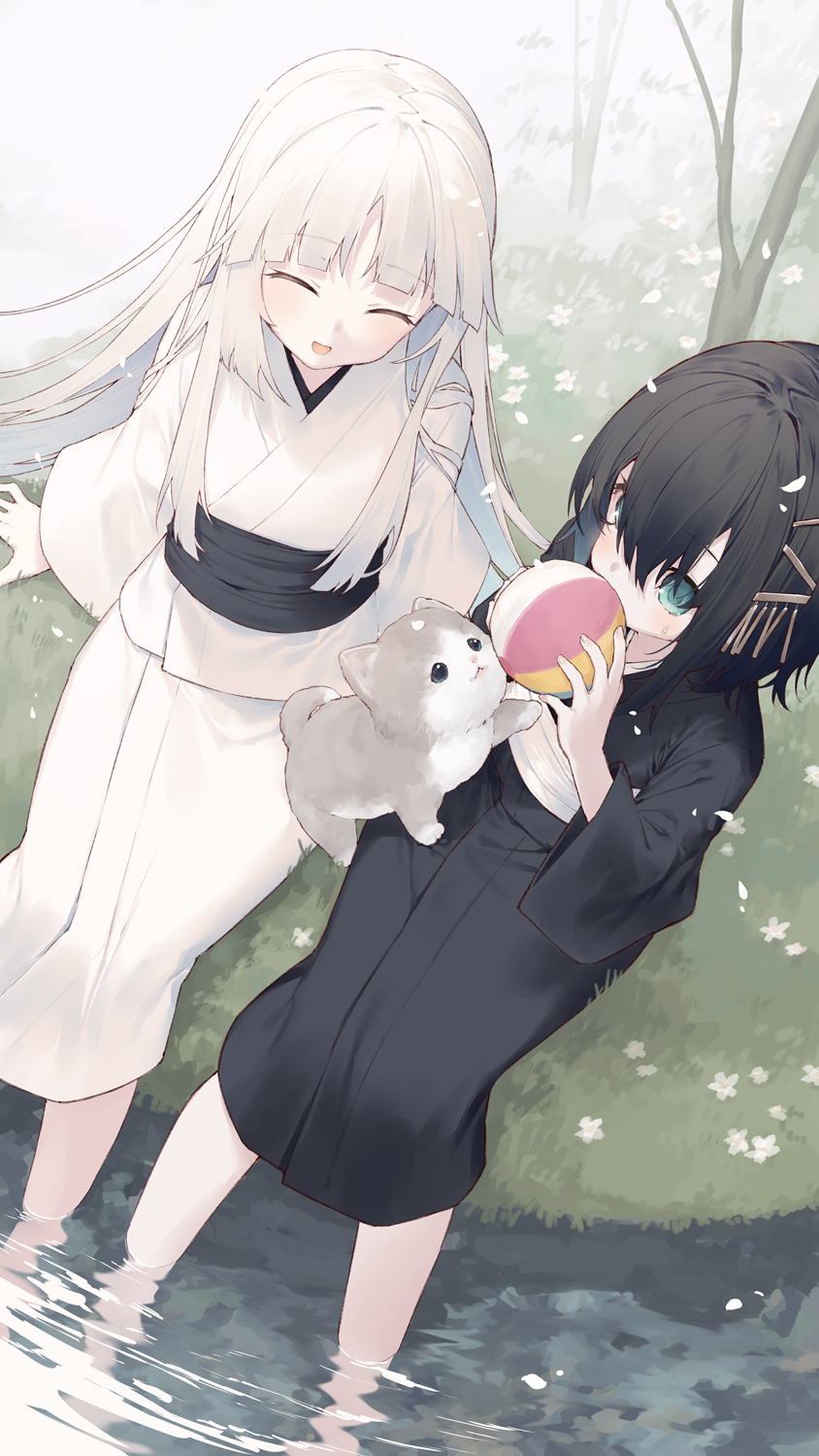 2girls :d ^_^ animal ball black_hair black_kimono blue_eyes blush closed_eyes commentary_request covered_mouth dog facing_another facing_viewer flower from_above hair_between_eyes highres holding holding_ball japanese_clothes kimono long_hair long_sleeves multiple_girls obi original outdoors petals sash short_hair smile soaking_feet sweat tokuno_yuika tree very_long_hair water white_flower white_hair white_kimono wide_sleeves