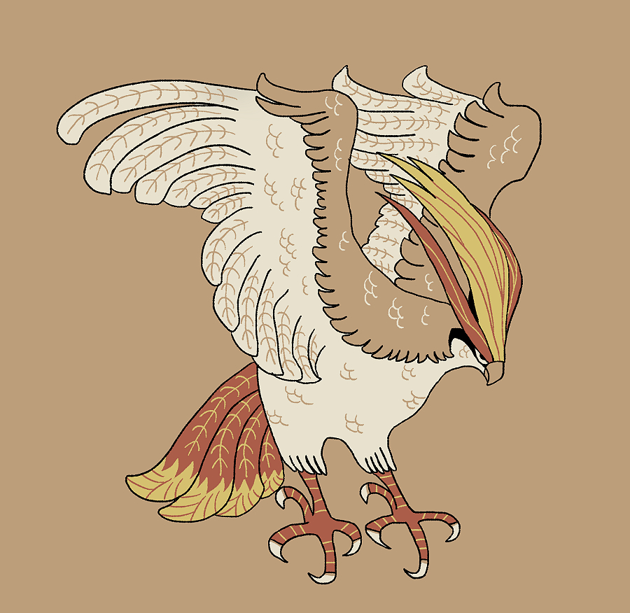 bird black_eyes brown_background brown_feathers feathers glaring inkoinko7 multicolored_feathers no_humans pidgeot pokemon pokemon_(creature) simple_background solo