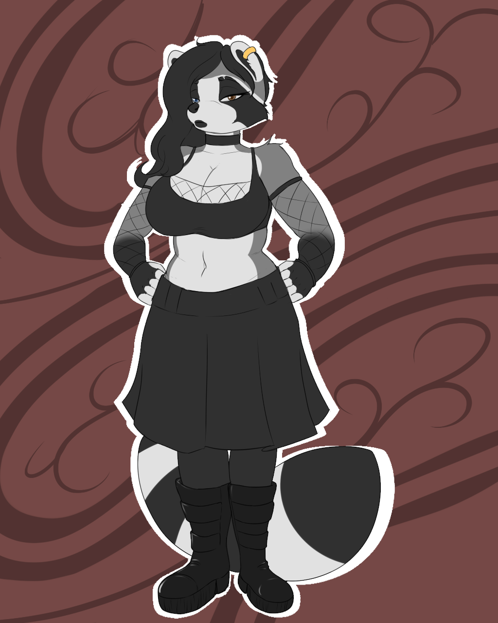 anthro big_breasts blackbetty boots breasts cleavage clothed clothing ear_piercing female footwear franciene_(tango's_family) fur goth hair hi_res legwear looking_at_viewer makeup mammal piercing procyonid raccoon solo tail wide_hips