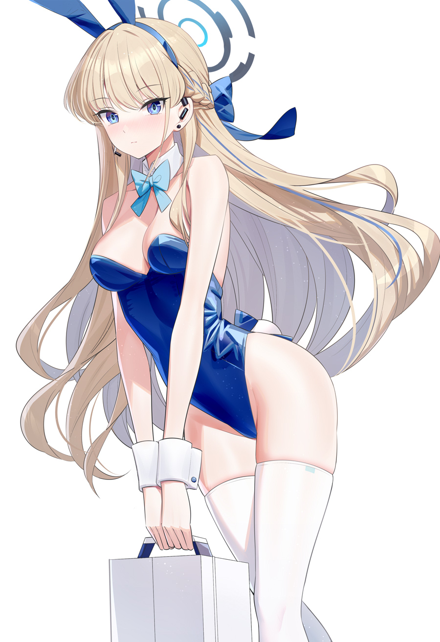 1girl animal_ears bare_shoulders blonde_hair blue_archive blue_eyes blue_leotard blush breasts briefcase cleavage commentary_request detached_collar earpiece fake_animal_ears fake_tail hair_ribbon halo highleg highleg_leotard highres holding_case leotard long_hair looking_at_viewer medium_breasts official_alternate_costume playboy_bunny rabbit_ears rabbit_tail ribbon ririko_(zhuoyandesailaer) solo strapless strapless_leotard tail thighhighs thighs toki_(blue_archive) toki_(bunny)_(blue_archive) very_long_hair white_thighhighs wrist_cuffs