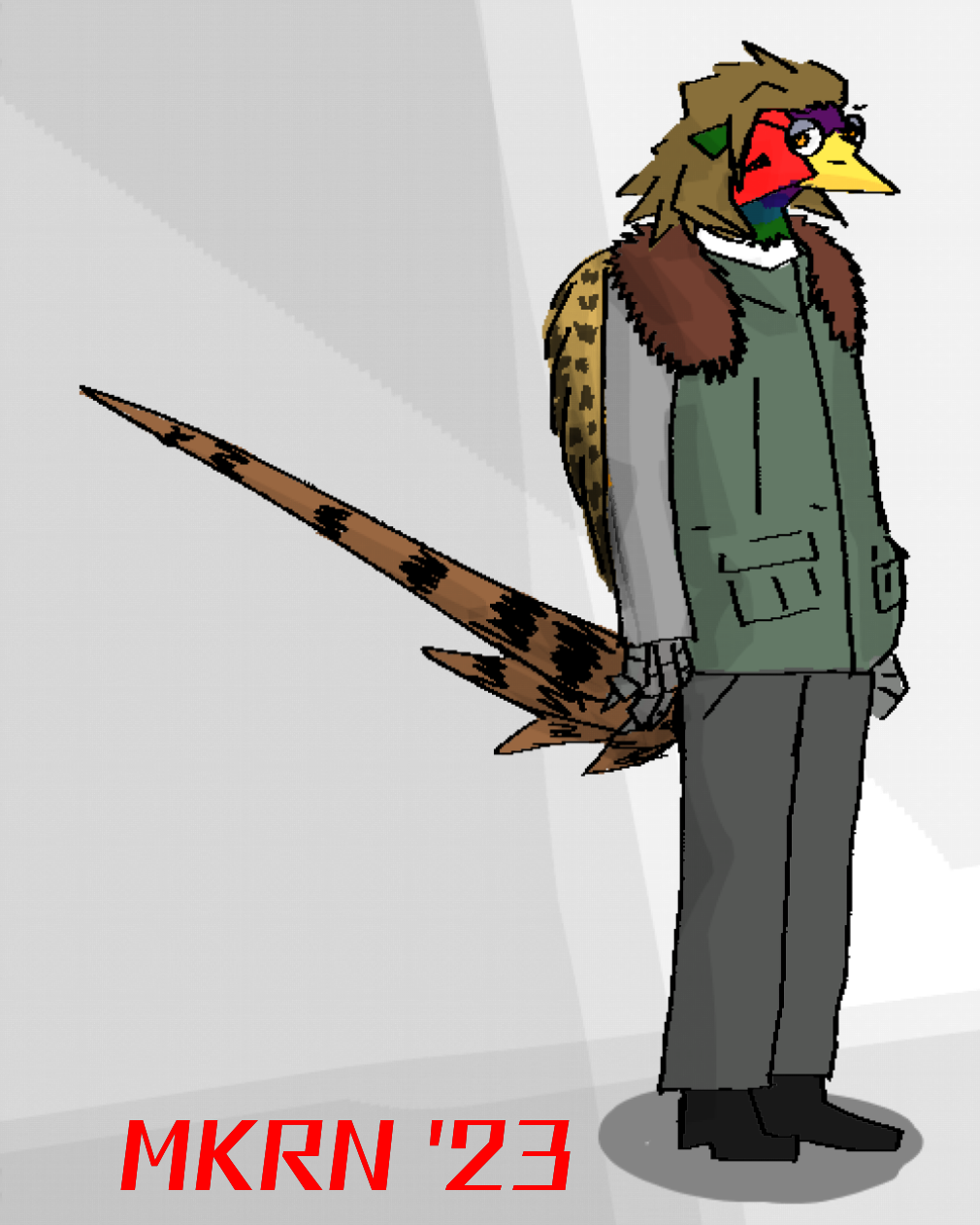 anthro avian beak bird clothing coat common_pheasant digital_media_(artwork) eyewear feathers fur galliform glasses green_clothing green_coat green_ears green_topwear grey_hands hi_res looking_at_viewer lundqvist_enterprises makaronnie male orange_eyes phasianid phasianus pixel_(artwork) signature simple_background solo teodor_haroldsson topwear yellow_beak