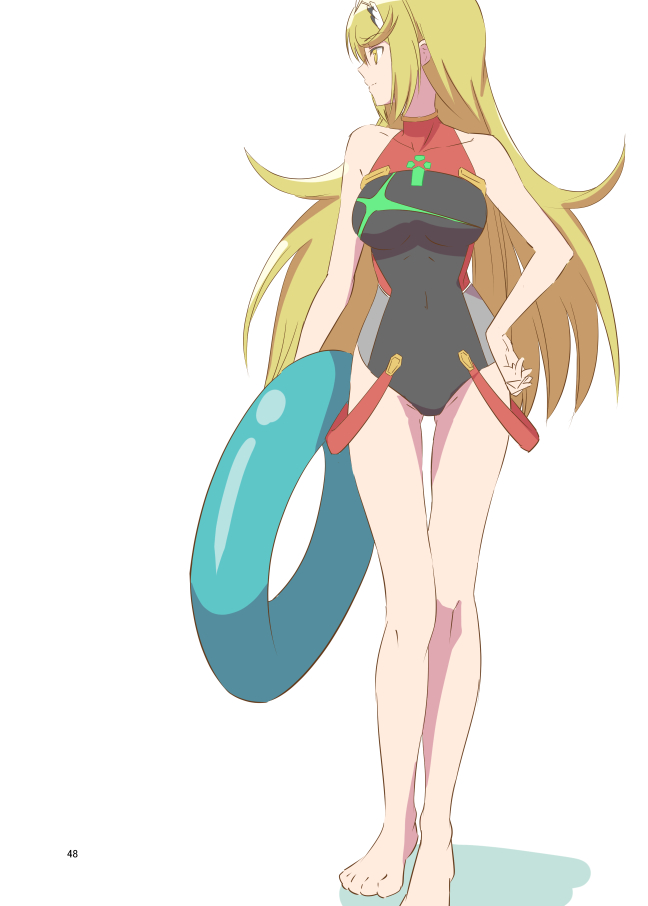 1girl bare_shoulders barefoot black_one-piece_swimsuit blonde_hair breasts circlet closed_mouth core_crystal_(xenoblade) cosplay full_body holding holding_innertube innertube kageyasu legs long_hair looking_to_the_side mythra_(xenoblade) one-piece_swimsuit pyra_(pro_swimmer)_(xenoblade) pyra_(pro_swimmer)_(xenoblade)_(cosplay) pyra_(xenoblade) shadow simple_background smile solo standing swept_bangs swimsuit toes very_long_hair white_background xenoblade_chronicles_(series) xenoblade_chronicles_2 yellow_eyes