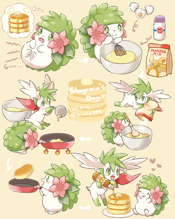 :d aimi_(aimia492) alolan_raichu batter butter commentary_request cooking dated egg_(food) food frying_pan heart holding holding_frying_pan holding_spatula holding_whisk honey hungry lying milk mixing_bowl no_humans on_back pancake pancake_stack pokemon pokemon_(creature) shaymin shaymin_(land) shaymin_(sky) smile spatula thought_bubble tongue tongue_out twitter_username whisk