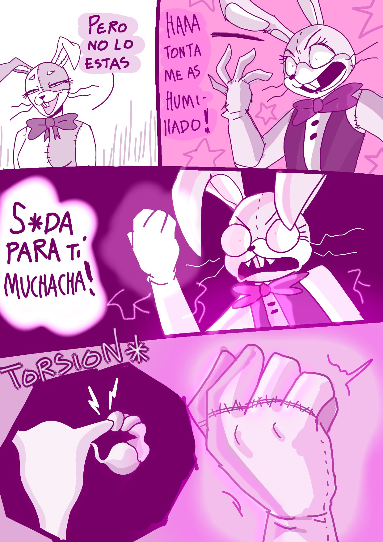 anthro bow_accessory buckteeth clothing comic duo female five_nights_at_freddy's glitchtrap hi_res lagomorph leporid male mammal ovum purple_background rabbit renita_reed scottgames simple_background spanish_text star sweater teeth text topwear uterus vanny_(fnaf) whiskers