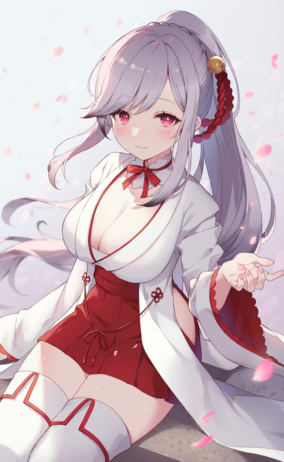 1girl alternate_costume azur_lane bell black_hair blush braid breasts chihaya_(clothing) cleavage closed_mouth commission dunkerque_(azur_lane) gradient_hair grey_hair hair_bell hair_ornament hakama high_ponytail highres hip_vent japanese_clothes large_breasts long_hair long_sleeves looking_at_viewer miko multicolored_hair petals pink_nails red_eyes red_hakama reimin sitting skeb_commission smile solo thighhighs white_thighhighs wide_sleeves zettai_ryouiki