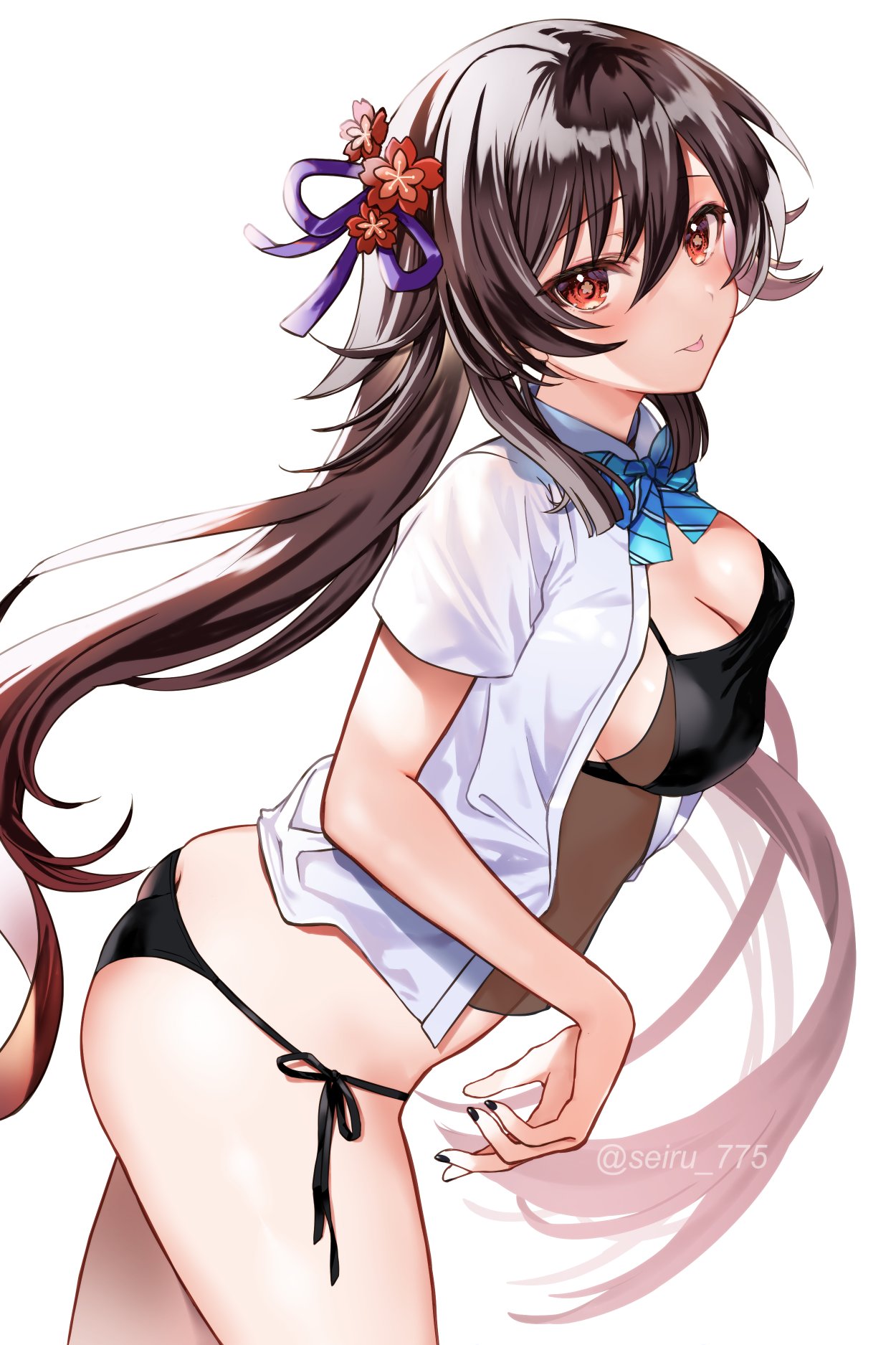 1girl :p alternate_breast_size ass black_bra blush bow bowtie bra breasts brown_hair collared_shirt flower flower-shaped_pupils genshin_impact hair_between_eyes highres hu_tao_(genshin_impact) large_breasts long_hair looking_at_viewer open_clothes open_shirt pleated_skirt red_eyes school_uniform seiru_(prairie) shirt short_sleeves skirt solo symbol-shaped_pupils thighs tongue tongue_out twitter_username underwear very_long_hair