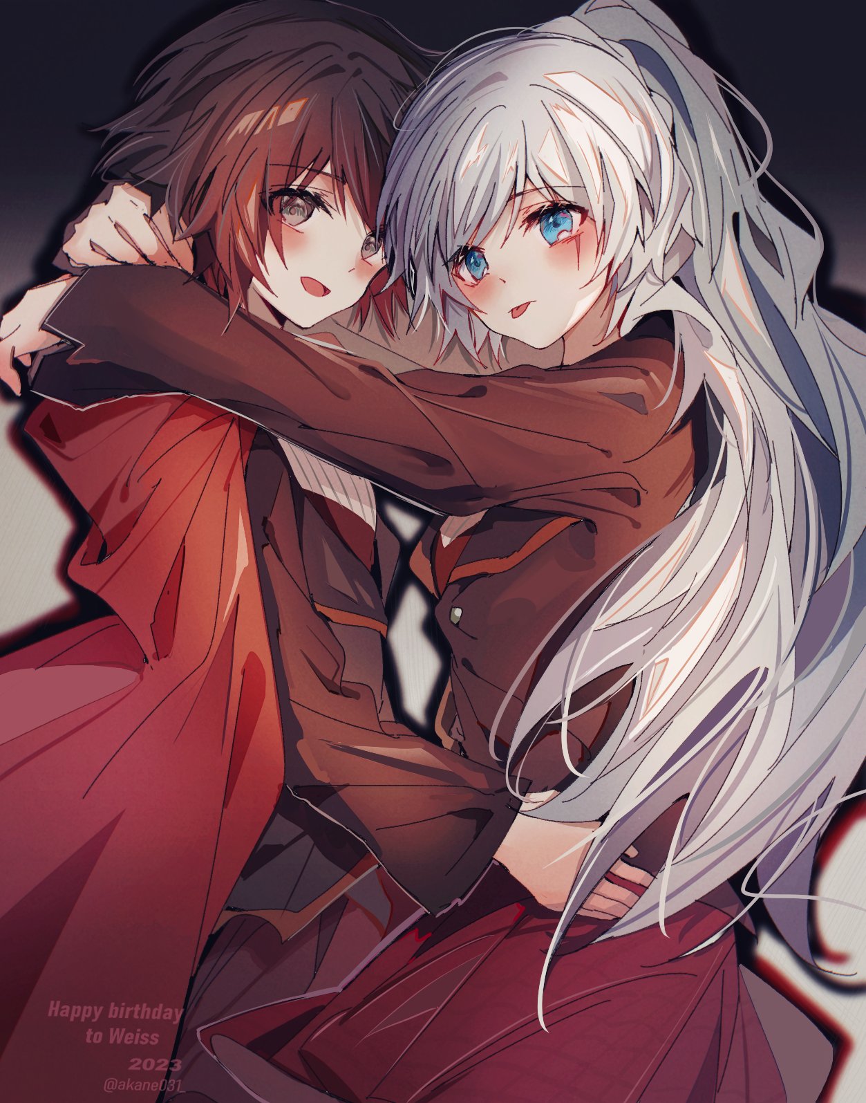 2girls akane031 arms_behind_head artist_name blue_eyes blush cape gradient_hair grey_eyes highres holding long_hair multicolored_hair multiple_girls red_hair ruby_rose rwby scar scar_across_eye school_uniform short_hair tongue tongue_out weiss_schnee white_hair yuri