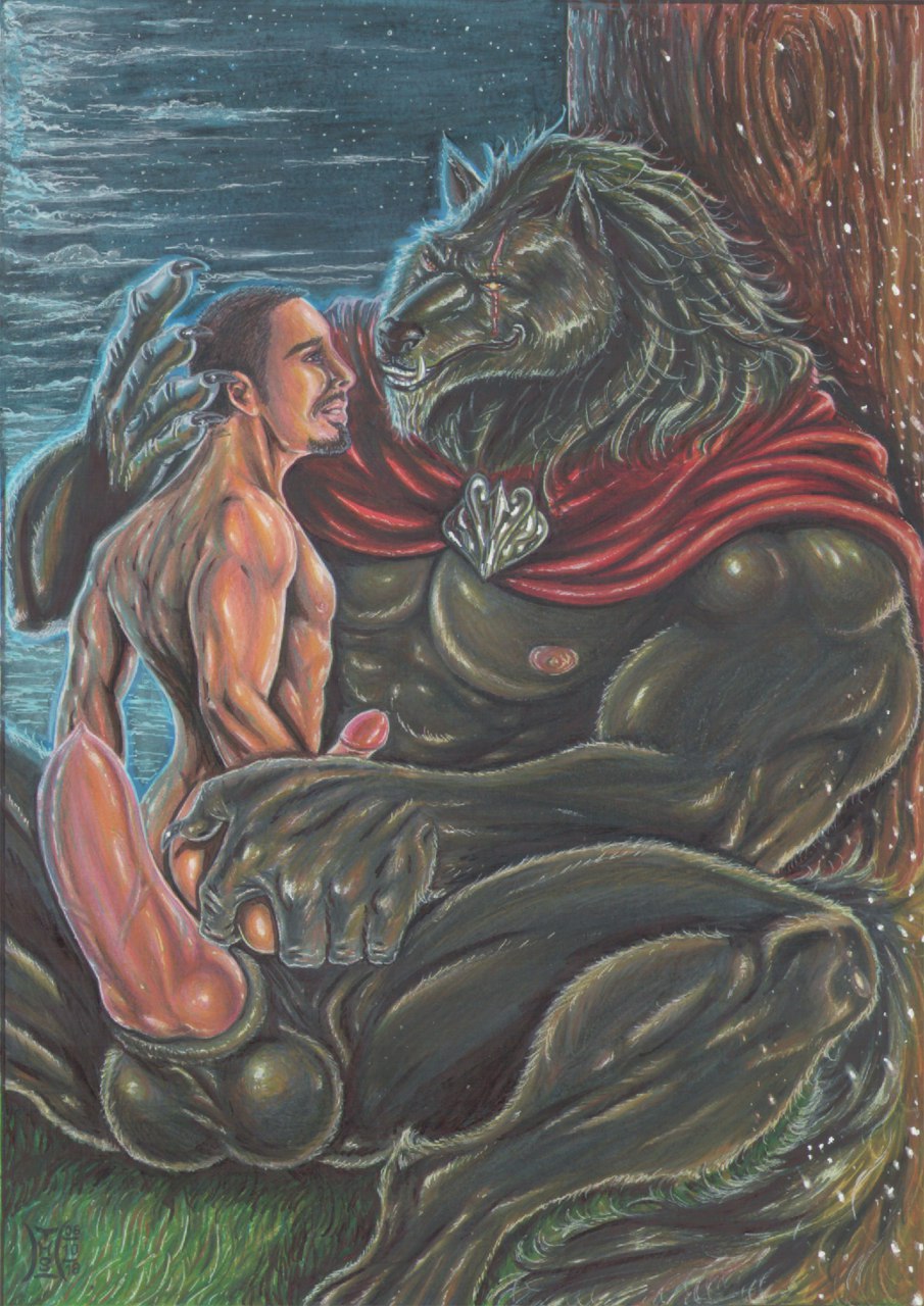 abs animal_genitalia animal_penis anthro back_muscles balls beard big_balls big_dom_small_sub big_muscles big_penis black_body black_fur black_hair butt canid canine canine_genitalia canine_penis canis dominant dominant_anthro dominant_male duo erection eye_contact eye_scar facial_hair facial_scar fangs fur genitals hair hi_res holding_partner hot_dogging human human_on_anthro interspecies intimate larger_anthro larger_male looking_at_another male male/male mammal muscular muscular_anthro muscular_human muscular_male mustache nexus nipples nude pecs penis romantic romantic_couple scar sex size_difference smaller_human smaller_male submissive submissive_human submissive_male teeth were werecanid werecanine werewolf wolf
