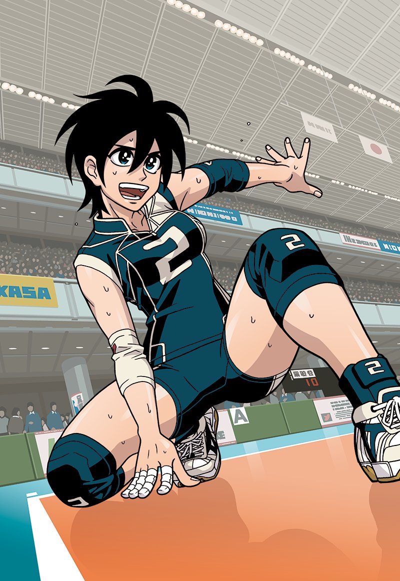 1girl arm_support ass black_eyes black_hair black_shorts breasts dutch_angle elbow_pads elbow_sleeve foot_out_of_frame from_below groin hair_between_eyes hand_up indoors knee_pads medium_breasts nihonbashi_yowoko official_art ooishi_neri shirt shoes short_hair shorts shoujo_fight sleeveless sleeveless_shirt smile sportswear squatting sweat taped_fingers teeth thighs tight_clothes tomboy v-shaped_eyebrows volleyball volleyball_uniform