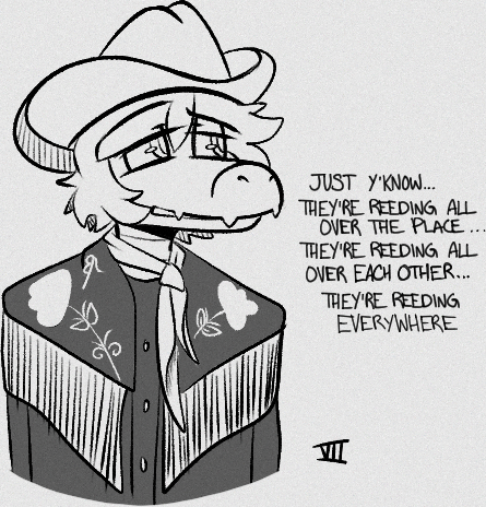 2023 anthro black_and_white clothing cowboy_hat cowboy_outfit dialogue dinosaur dromaeosaurid english_text goodbye_volcano_high hair hat headgear headwear low_res male meme monochrome reed_(gvh) reptile scalie scarf seven_(artist) short_hair smile snoot_game_(fan_game) snout solo text theropod velociraptor watermark