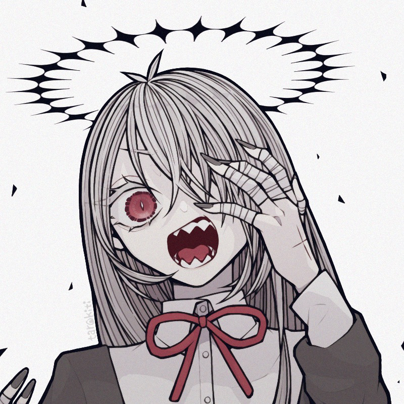 1girl antenna_hair bandaged_fingers bandages black_dress black_nails bright_pupils collared_shirt colored_eyelashes colored_skin commentary dark_halo dress english_commentary fingernails gekiyaku grey_hair grey_skin hair_over_one_eye halo hand_on_own_face hands_up long_fingernails long_hair looking_at_viewer neck_ribbon one_eye_covered open_mouth portrait red_eyes red_ribbon ribbon sharp_teeth shirt simple_background slit_pupils solo stigmata straight-on ta_ro_ki_chi teeth utau v-shaped_eyebrows white_background white_pupils white_shirt wide-eyed