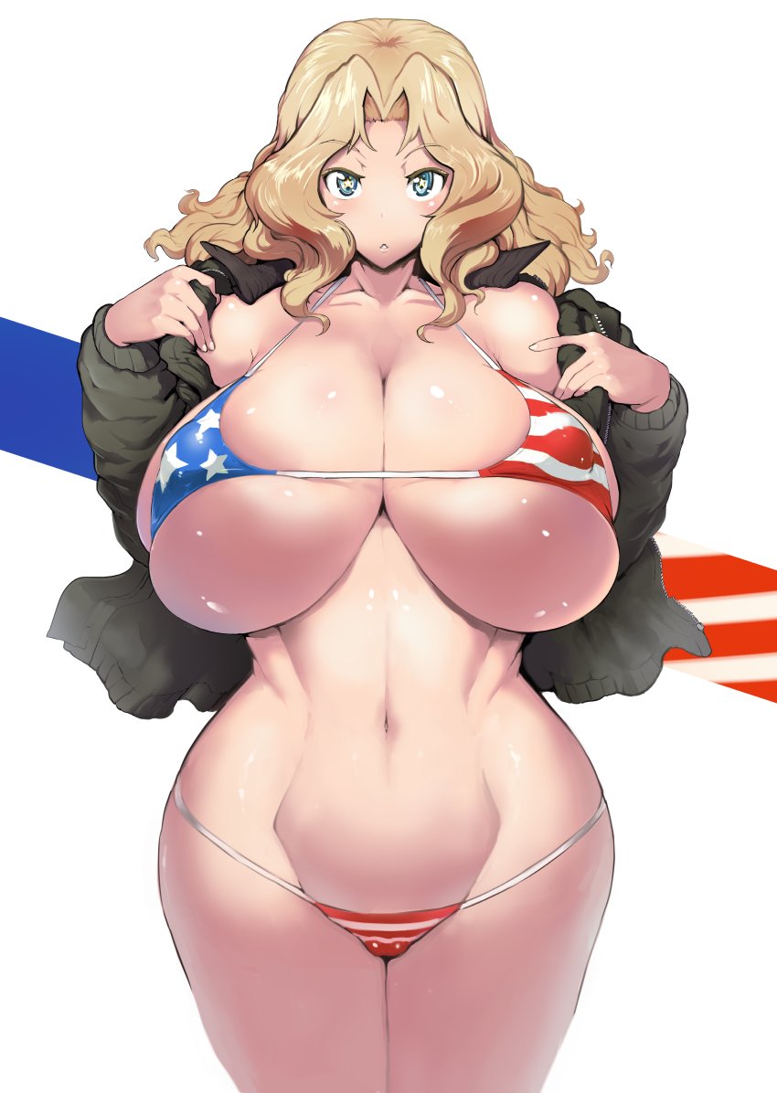 1girl american_flag_bikini bikini bikini_under_clothes blonde_hair blue_eyes blush bottomless breasts brown_jacket cleavage covered_nipples cowboy_shot curvy flag_print forehead girls_und_panzer groin hair_intakes huge_breasts jacket kay_(girls_und_panzer) long_hair long_sleeves looking_at_viewer navel open_clothes open_jacket opened_by_self out-of-frame_censoring parted_bangs parted_lips sasaki_tatsuya saunders_military_uniform shiny_skin simple_background skindentation solo standing star-shaped_pupils star_(symbol) stomach swimsuit symbol-shaped_pupils unzipped white_background wide_hips