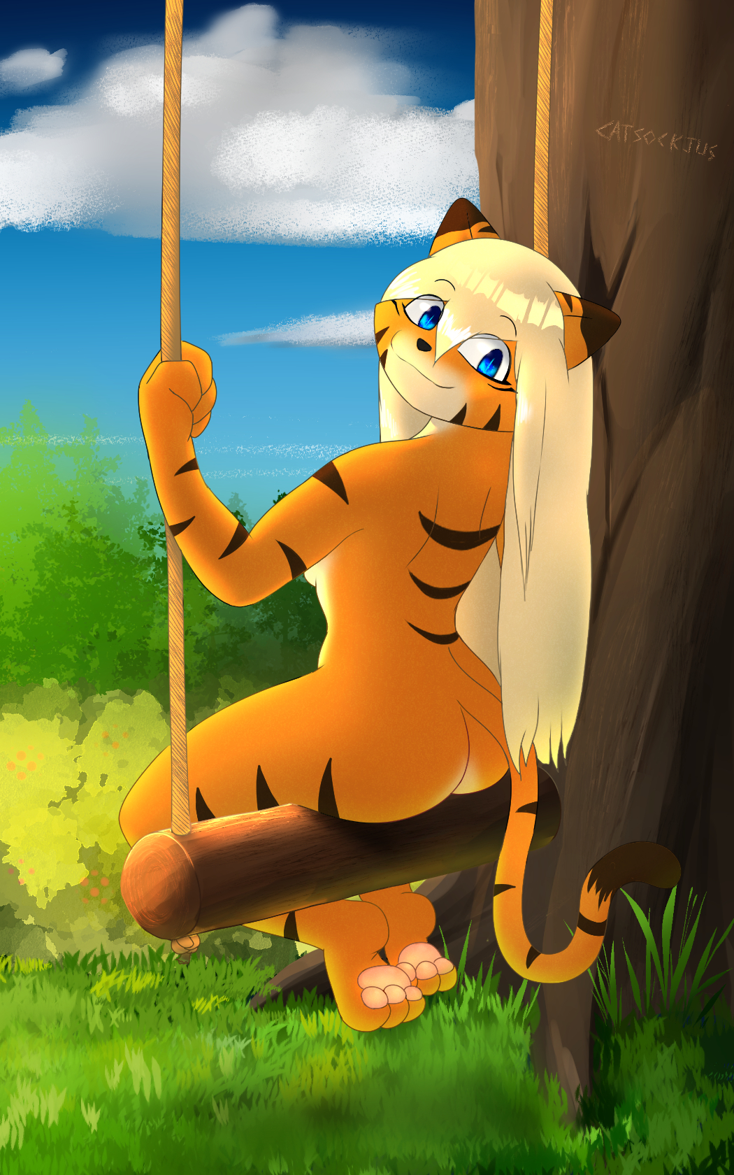 anthro blonde_hair blue_eyes breasts butt catsockjus cloud felid female fur grabbing_object grass hair hi_res hindpaw lily_(catsockjus) looking_at_viewer looking_back mammal multicolored_body multicolored_fur orange_body orange_fur outside pantherine paws plant side_boob sky smile smiling_at_viewer solo striped_body striped_fur stripes swing tail tiger tree two_tone_body two_tone_fur