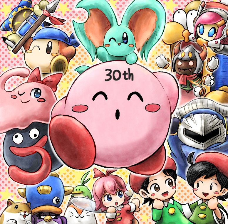 adeleine ado_(kirby) animal_ears anniversary bandana bandana_waddle_dee beret black_hair blue_bandana blue_eyes blush_stickers cape chuchu_(kirby) coo_(kirby) disembodied_limb elfilin fairy fairy_wings fangs fish gloves gooey_(kirby) hat holding holding_polearm holding_weapon horns kicdon kine_(kirby) king_dedede kirby kirby_(series) magolor mask meta_knight mouse_ears nago notched_ear one_eye_closed open_mouth pink_hair pitch_(kirby) polearm polka_dot polka_dot_background red_headwear red_ribbon ribbon ribbon_(kirby) rick_(kirby) smile solid_oval_eyes spear star_(symbol) susie_(kirby) taranza tongue tongue_out wall-eyed weapon wings