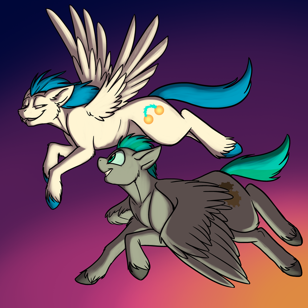 blue_hair blue_hooves cutie_mark duo equid equine feathered_wings feathers feral fetlocks flying foxenawolf fur goldfur's_cogsverse gradient_background green_hair grey_body grey_fur hair hasbro hooves male mammal my_little_pony pegasus simple_background tail whirring_cogs white_body white_fur wings
