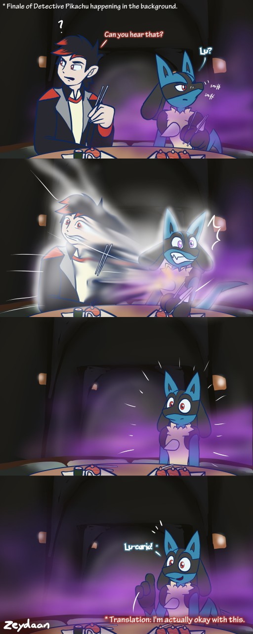 ambiguous_gender anthro black_body black_fur blue_body blue_fur chest_spike clothed clothing detective_pikachu_(video_game) duo eating english_text food fur gas generation_4_pokemon hand_spike hi_res human inside lucario male mammal merge_tf merging nintendo pokemon pokemon_(species) spikes spikes_(anatomy) sushi text transformation zeydaan zeydaan_(artist)