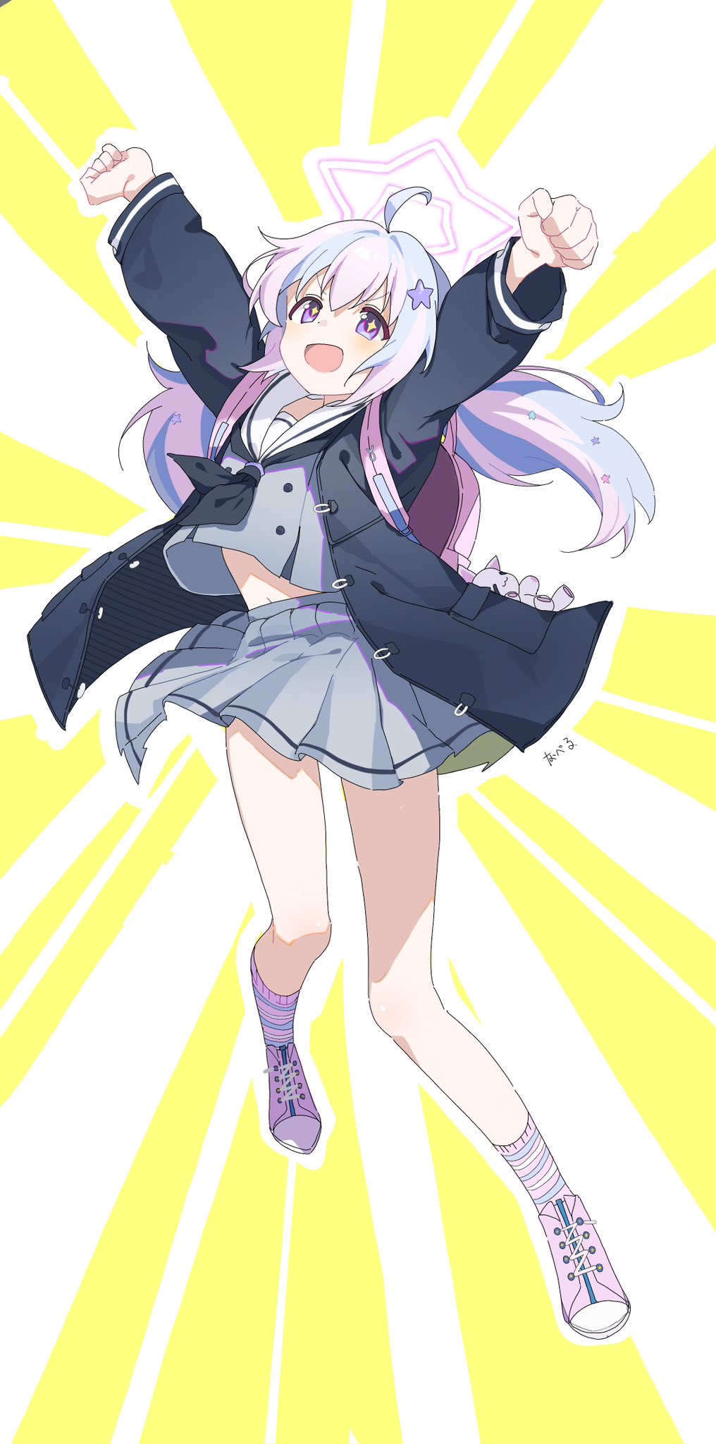 +_+ ahoge arms_up artist_name backpack bag black_coat black_neckerchief blue_archive blue_hair clenched_hands coat commentary floating_hair full_body grey_shirt grey_skirt hair_ornament halo highres light_blush long_hair long_sleeves looking_at_viewer low_twintails midriff_peek multicolored_hair neckerchief open_clothes open_coat outline pink_hair pleated_skirt purple_eyes reisa_(blue_archive) sailor_collar school_uniform serafuku shirt shoes skirt sneakers socks star_(symbol) star_hair_ornament striped striped_socks stuffed_animal stuffed_toy sunburst sunburst_background twintails two-tone_hair v-shaped_eyebrows white_outline white_sailor_collar you_guo_chaocai