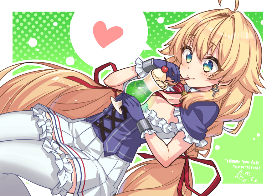 1girl ahoge azur_lane blonde_hair breasts cross cross_earrings drinking_straw drinking_straw_in_mouth earrings english_text frilled_gloves frilled_thighhighs frills garter_straps gloves green_background green_eyes heart heebee jewelry le_temeraire_(azur_lane) long_hair medium_breasts miniskirt pleated_skirt purple_gloves shirt short_sleeves skirt solo spoken_heart thighhighs twintails very_long_hair white_garter_straps white_shirt white_thighhighs