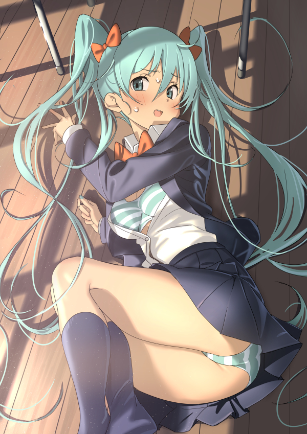 aqua_bra aqua_eyes aqua_hair aqua_panties black_skirt black_socks blazer blush bow bowtie bra furuyama_itaru hair_bow hatsune_miku jacket long_hair open_clothes open_shirt orange_bow orange_bowtie panties pleated_skirt school_uniform shirt skirt smile socks striped striped_bra striped_panties sweat thighs twintails underwear very_long_hair vocaloid white_shirt wooden_floor