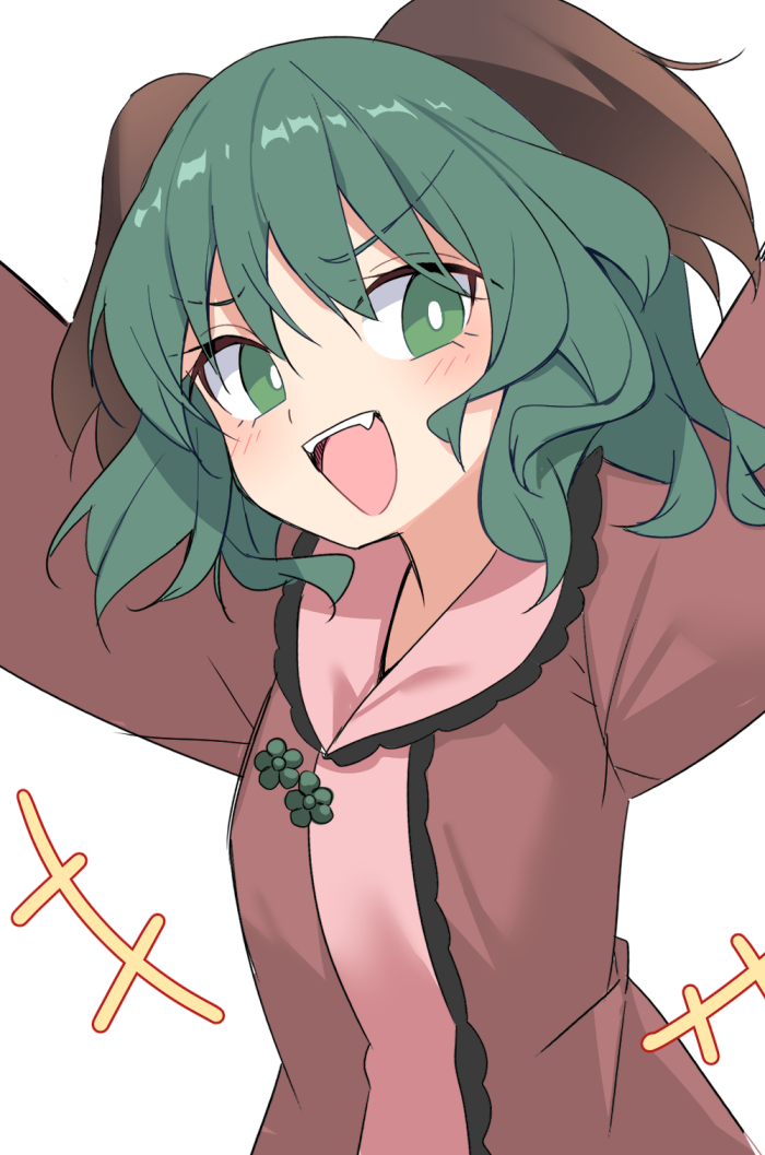 +++ 1girl animal_ears blush bright_pupils dog_ears dress e.o. green_eyes green_hair kasodani_kyouko long_sleeves looking_at_viewer open_mouth pink_dress short_hair simple_background smile solo touhou upper_body white_background white_pupils