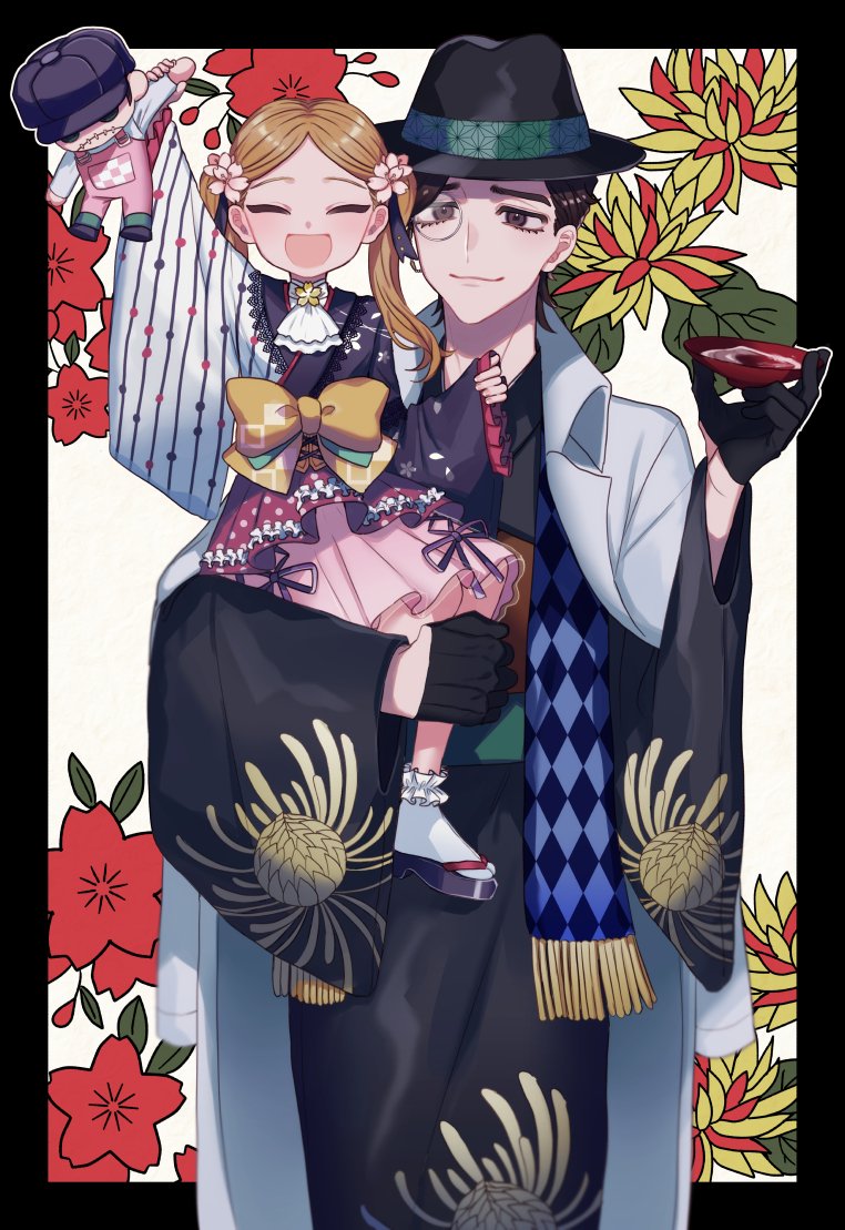 1boy 1girl :d ^_^ alcohol argyle argyle_scarf arm_up asa_no_ha_(pattern) ascot black_border black_gloves black_headwear black_kimono blonde_hair blue_scarf border bow brown_eyes brown_hair carrying cherry_blossoms child_carry chrysanthemum_print closed_eyes coat coat_on_shoulders collared_coat cowboy_shot cup doll facing_viewer fedora female_child floral_background floral_print flower frilled_sleeves frills fringe_trim gloves hair_flower hair_ornament half_gloves hat holding holding_cup holding_doll identity_v japanese_clothes kimono kimono_skirt long_hair looking_at_another memory_(identity_v) monocle official_alternate_costume orpheus_(identity_v) outside_border parted_bangs pinching_sleeves pink_skirt polka_dot purple_kimono sakazuki sake scarf shirt short_hair skirt smile socks stole striped striped_kimono tabi tatoebata twintails two-tone_kimono waist_bow white_ascot white_background white_coat white_kimono white_shirt white_socks yellow_bow zouri