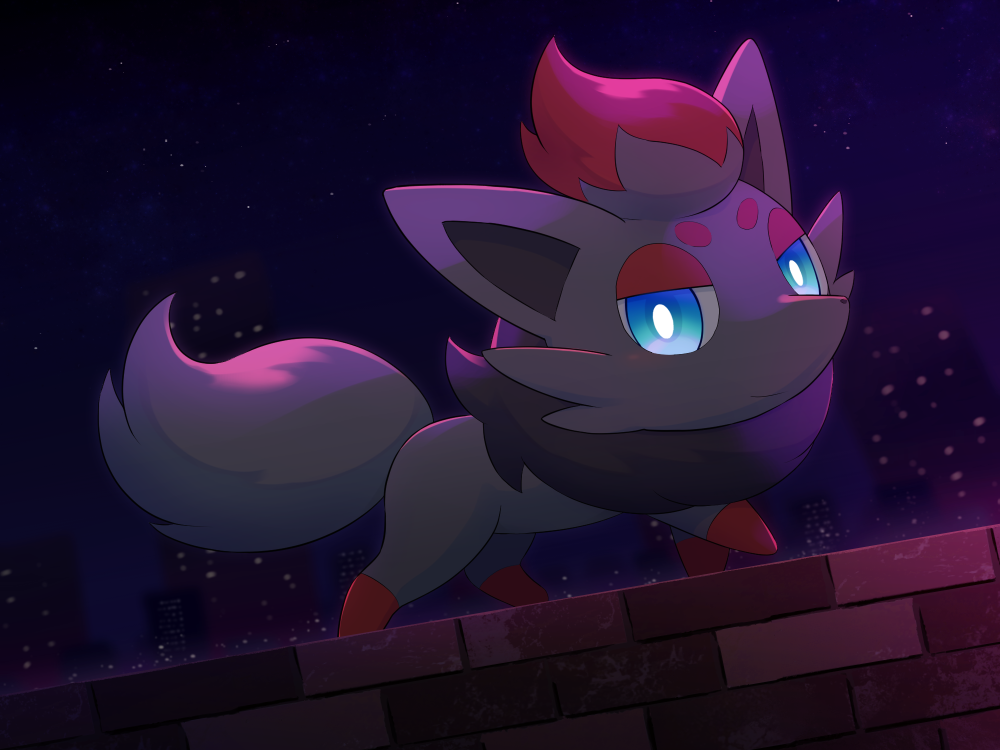 blue_eyes bright_pupils closed_mouth commentary_request kemonobito looking_at_viewer night no_humans outdoors pokemon pokemon_(creature) sky smile solo white_pupils zorua