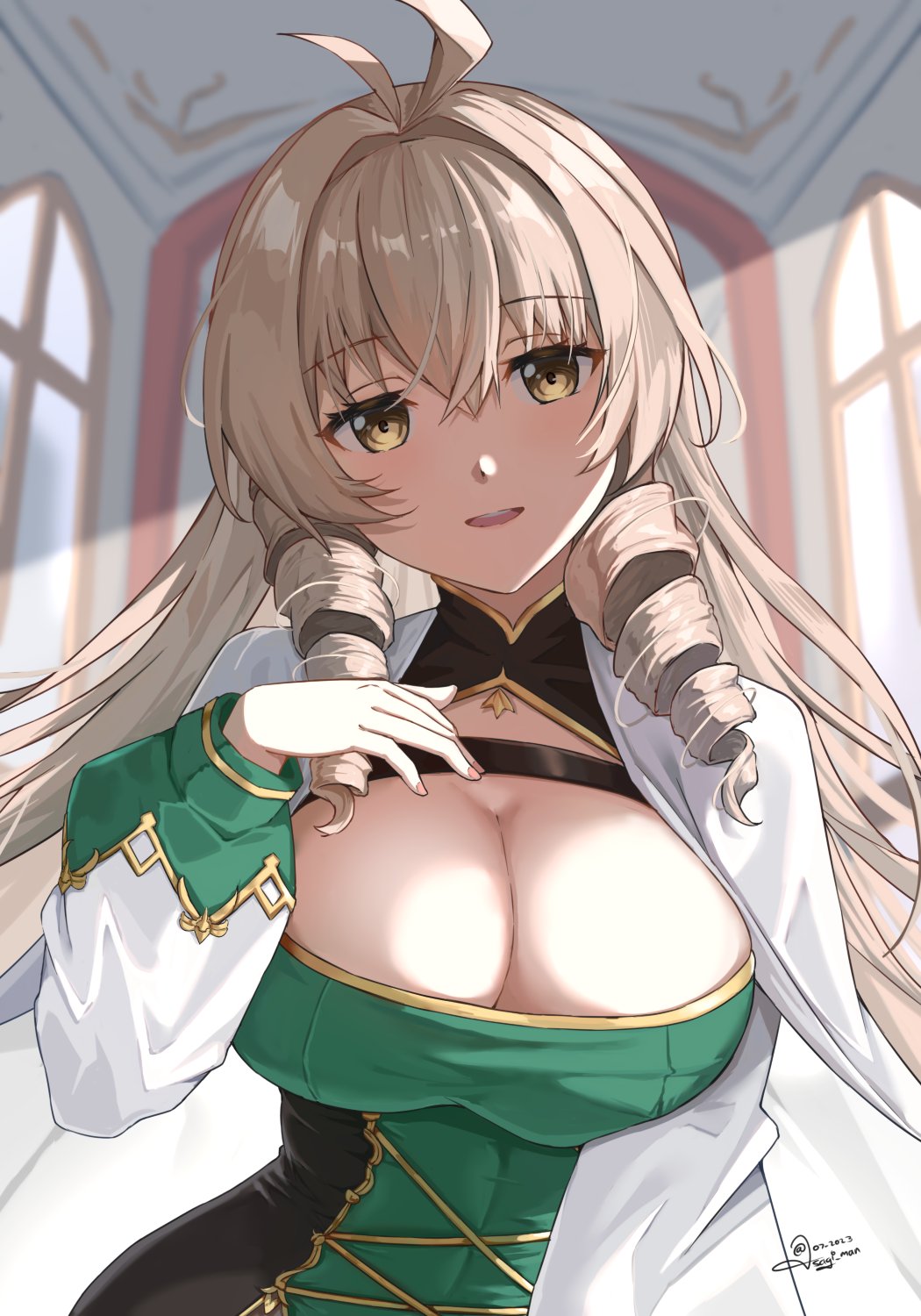 1girl andrea_doria_(azur_lane) antenna_hair as4gi azur_lane breasts brown_eyes cleavage cleavage_cutout clothing_cutout dated dress drill_hair green_dress hair_between_eyes hand_on_own_chest highres indoors large_breasts light_brown_hair long_hair long_sleeves looking_at_viewer open_mouth signature smile solo sunlight taut_clothes taut_dress twin_drills upper_body window