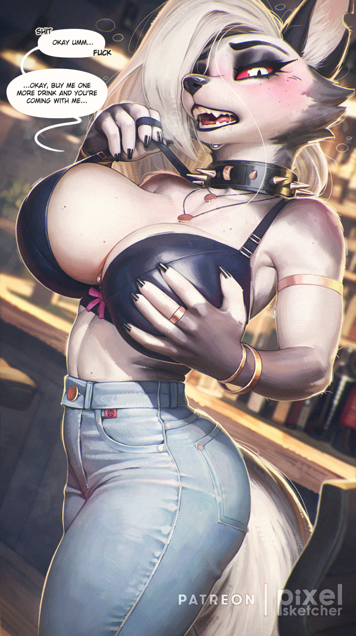 1girl animal_ears artist_name bar_(place) black_bra black_choker blue_pants blurry blurry_background bra bracelet breasts choker cleavage colored_sclera denim depth_of_field english_text furry furry_female helluva_boss highres huge_breasts indoors jeans jewelry looking_at_viewer loona_(helluva_boss) necklace open_mouth pants patreon_username pixelsketcher red_sclera solo speech_bubble spiked_choker spikes tail teeth underwear watermark white_eyes white_hair wolf_girl