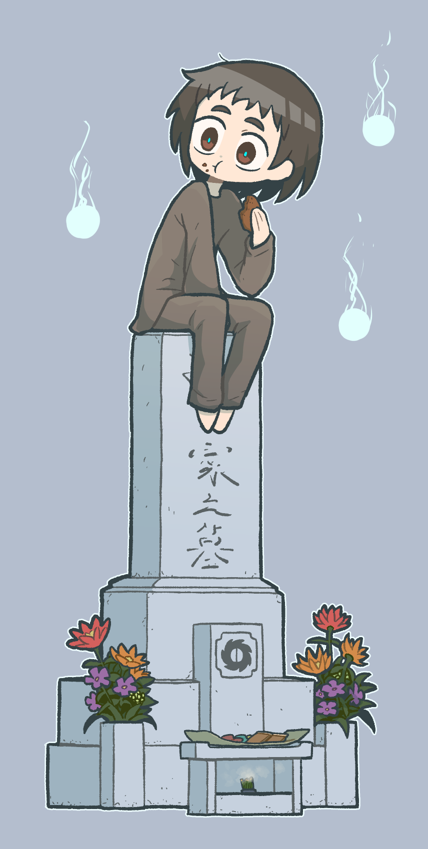 1other :t androgynous aqua_pupils barefoot between_legs bright_pupils brown_hair brown_pants brown_shirt closed_mouth commentary_request eating flower food food_bite food_on_face grave grey_background hand_between_legs hand_up highres hitodama holding holding_food incense looking_to_the_side medium_hair orange_flower original outline pants purple_flower red_flower religious_offering senbei shirt simple_background sitting solo takurada tombstone white_outline