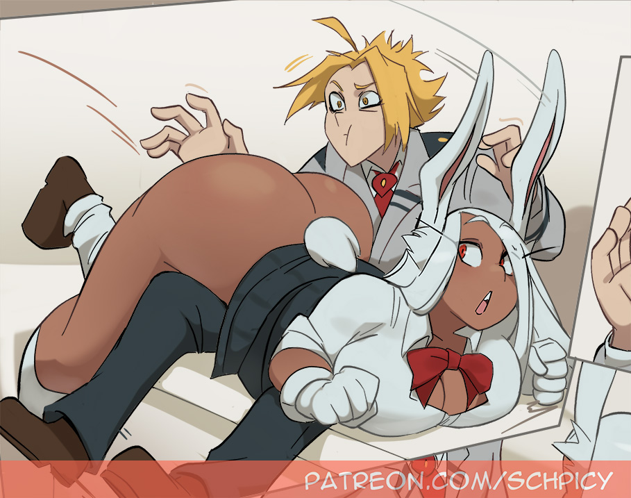 1boy 1girl animal_ears ass blonde_hair boku_no_hero_academia breasts dark-skinned_female dark_skin mirko rabbit_ears rabbit_tail schpicy shoes tail