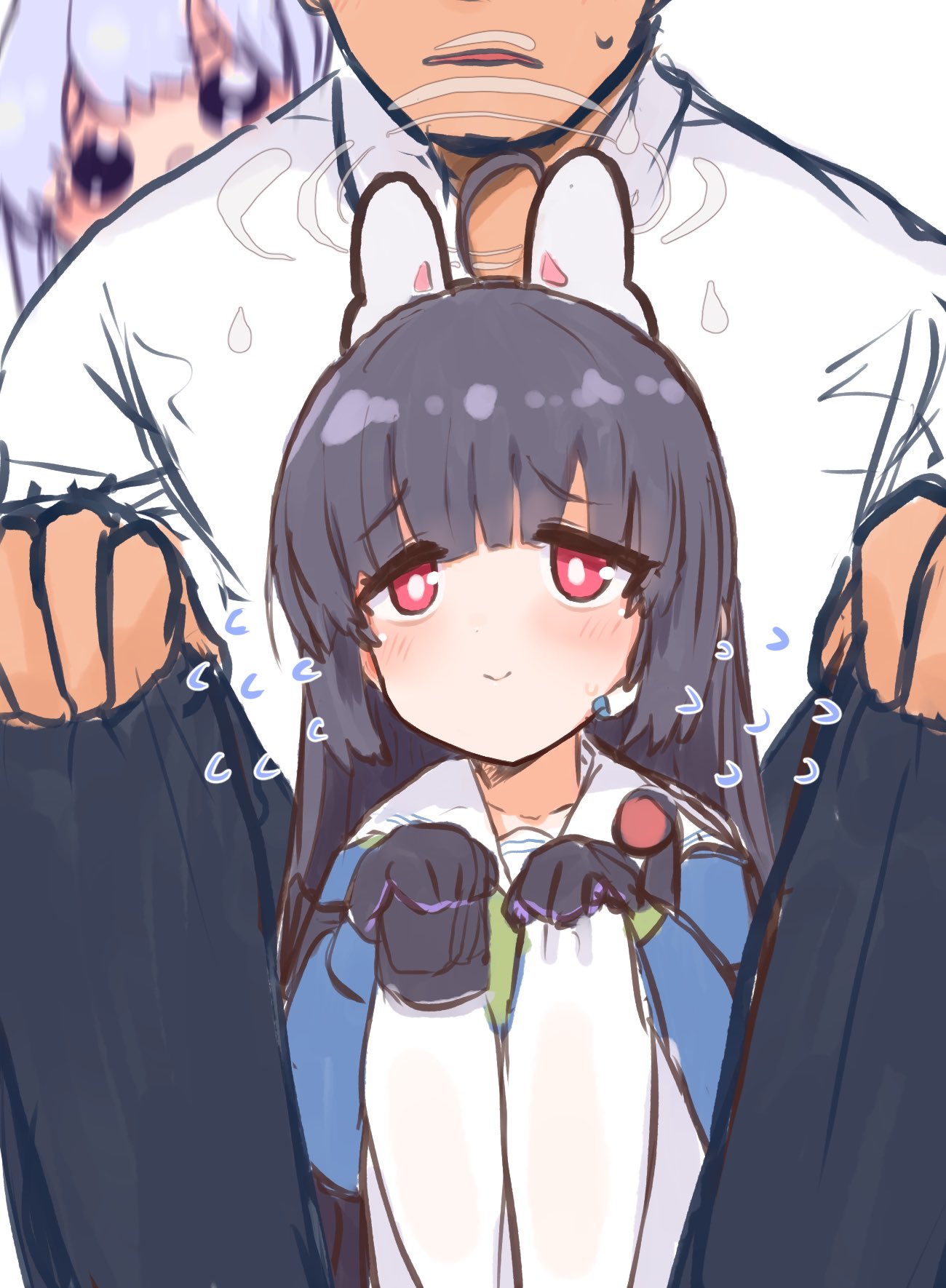1boy 2girls ahoge animal_ear_headphones animal_ears behind_another black_gloves black_hair black_pants blue_archive blue_shirt blue_skirt blush collar collarbone fake_animal_ears flying_sweatdrops frown furrowed_brow gloves grey_halo halo hands_on_own_knees headphones headpiece highres knee_pads knees_up long_hair looking_at_viewer looking_up miyako_(blue_archive) miyu_(blue_archive) multiple_girls open_mouth pants peeking_out pleading_eyes red_eyes sad sensei_(blue_archive) shiming_liangjing shirt simple_background single_knee_pad sitting sitting_on_lap sitting_on_person skirt smile thighhighs uniform white_background white_collar white_hair white_shirt white_thighhighs
