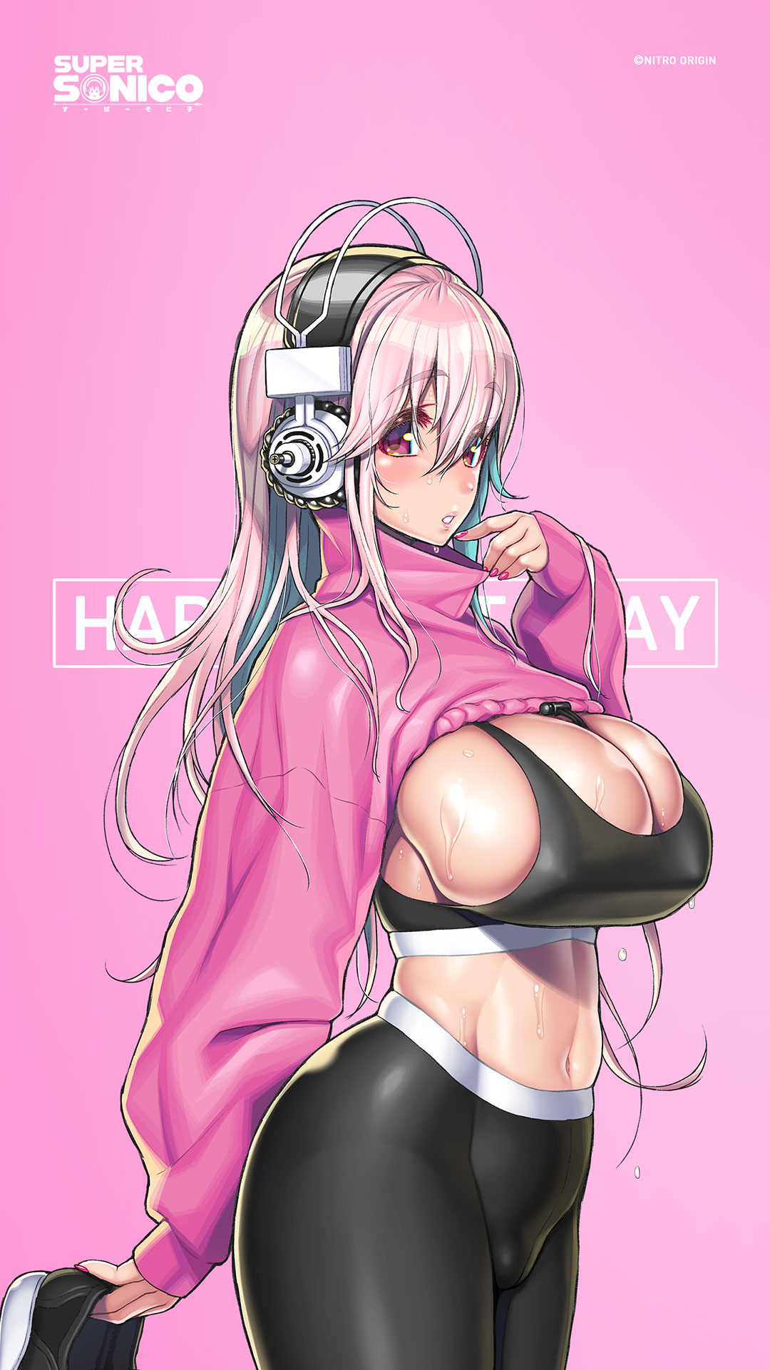 1girl aqua_hair black_sports_bra blush bra breasts cleavage colored_inner_hair crop_top finger_to_mouth hair_between_eyes happy_birthday headphones high-waist_pants highres large_breasts long_hair long_sleeves looking_at_viewer midriff multicolored_hair navel nitroplus official_art pants parted_lips pink_background pink_hair pink_sweater red_eyes skindentation solo sports_bra standing stomach super_sonico sweat sweater tight_clothes tight_pants tsuji_santa two-tone_hair underwear yoga_pants