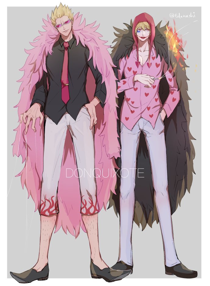 2boys blonde_hair brothers burnt_clothes character_name cigarette coat commentary_request donquixote_doflamingo donquixote_rocinante earrings feather_coat fire hand_in_pocket hat heart heart_print holding holding_cigarette jewelry leg_hair long_sleeves makeup male_focus multiple_boys nashieda one_piece pants pink-tinted_eyewear pink_coat red_lips shirt shoes short_hair siblings smile smoke smoking standing sunglasses thread tinted_eyewear white-framed_eyewear