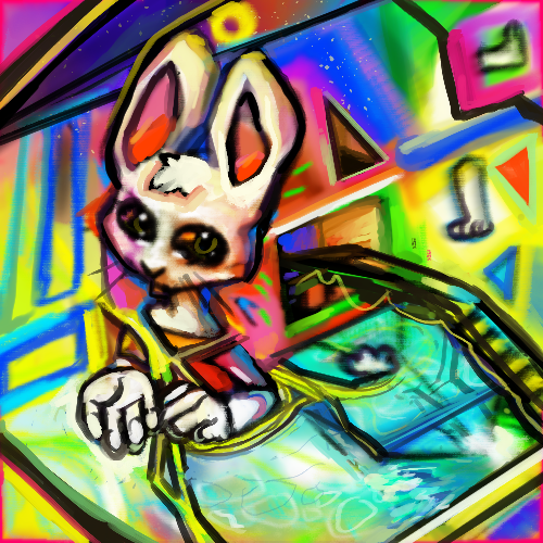 abstract ambiguous_gender anthro bright_colors executableabby eyestrain lagomorph leporid low_res mammal neon psychedelic rabbit rainbow solo surreal