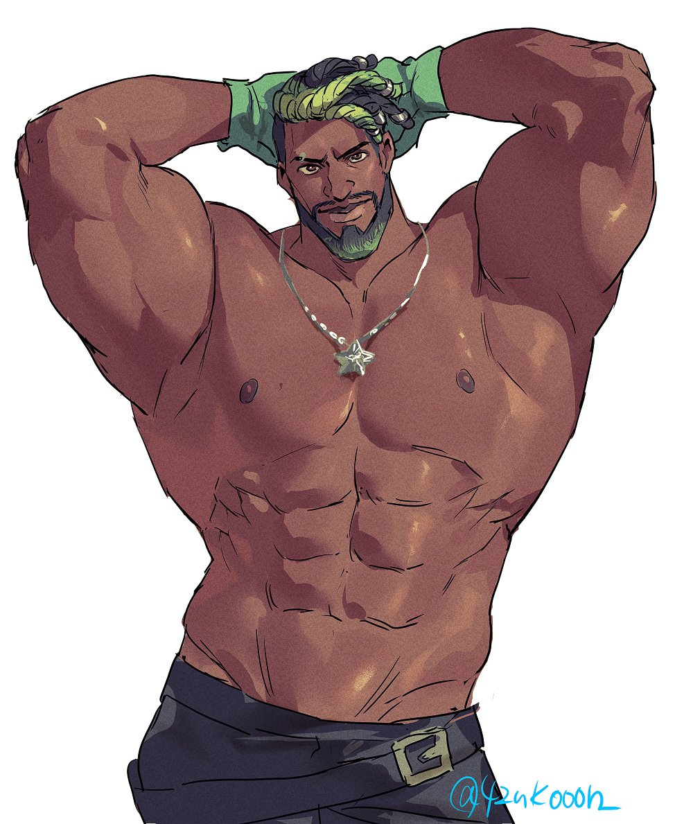 1boy 42nkooon abs arms_behind_head bara beard black_hair come_hither cowboy_shot dark-skinned_male dark_skin dreadlocks earrings facial_hair heartsteel_k'sante jewelry k'sante_(league_of_legends) large_pectorals league_of_legends looking_at_viewer male_focus mature_male muscular muscular_male navel necklace_between_pecs nipples official_alternate_costume official_alternate_hairstyle pectorals seductive_smile short_hair smile solo stomach strongman_waist thick_arms thick_eyebrows topless_male two-tone_beard very_dark_skin