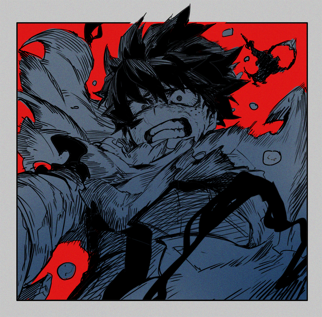 1boy black_whip_(boku_no_hero_academia) bloodshot_eyes bodysuit boku_no_hero_academia border cape clenched_teeth commentary_request constricted_pupils desperation dirty dirty_face film_grain floating_cape freckles furrowed_brow grey_border greyscale_with_colored_background hair_between_eyes hatching_(texture) looking_at_viewer male_focus mask mask_removed matsuya_(pile) midoriya_izuku official_alternate_costume outside_border partial_commentary red_background scratches short_hair simple_background solo spoilers teeth tendril torn_cape torn_clothes torn_mask upper_body wide-eyed