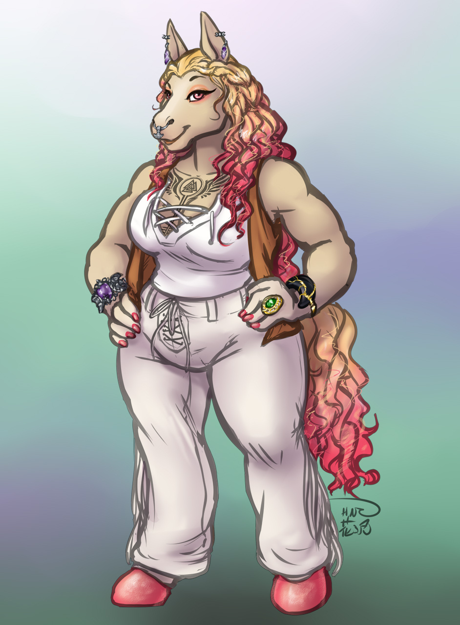 2023 anthro biped bottomwear clothed clothing equid equine facial_piercing fully_clothed hanazawa hi_res hooves horse jewelry mammal nose_piercing nose_ring pants piercing pink_eyes pink_hooves ring_piercing septum_piercing shirt solo topwear white_bottomwear white_clothing white_pants white_shirt white_topwear