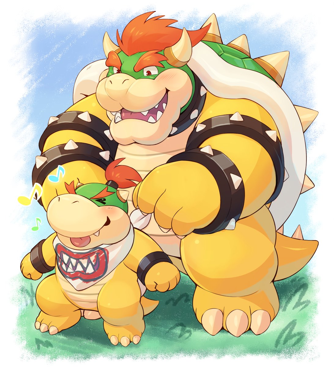 adios anthro bowser bowser_jr. bracelet collar daww duo father father_and_child father_and_son good_parenting happy hi_res horn jewelry male mario_bros musical_note nintendo parent parent_and_child shell son spiked_bracelet spiked_collar spikes young