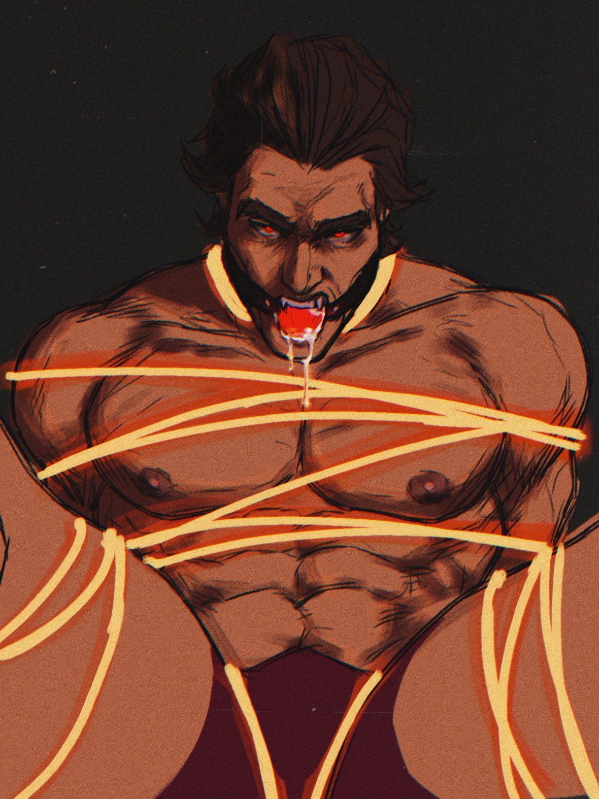 1boy abs around_crotch ball_gag bara bdsm bondage bound boxers dark-skinned_male dark_skin feet_out_of_frame gag glowing glowing_eyes glowing_rope highres large_pectorals looking_at_viewer male_focus male_underwear marvel mature_male miguel_o'hara muscular muscular_male navel nipples pectorals red_eyes red_male_underwear rope saliva shibari short_hair smokerichi solo spider-man:_across_the_spider-verse spider-man_(series) spread_legs thick_eyebrows thighs underwear v-shaped_eyebrows