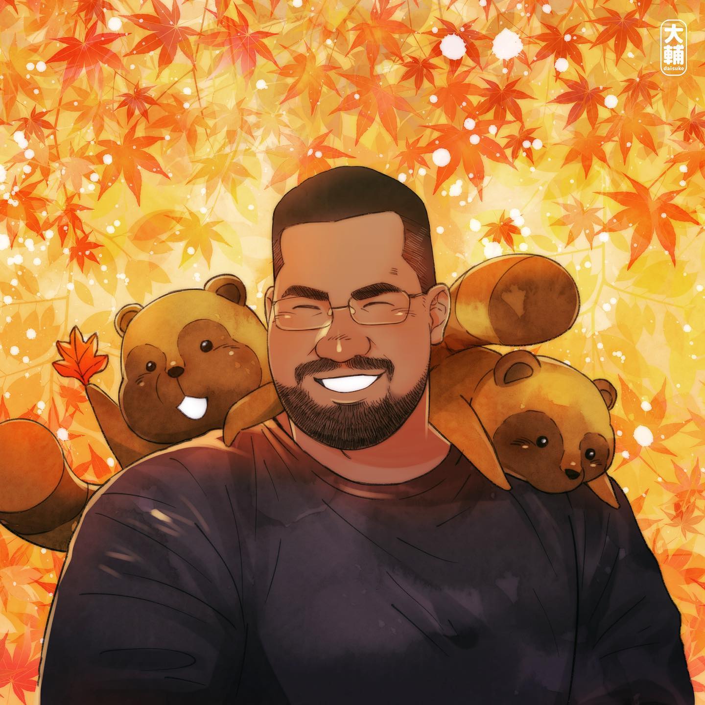 1boy animal_on_shoulder autumn_leaves bara beard blush buzz_cut daisukebear dark-skinned_male dark_skin facial_hair grin happy highres male_focus mature_male muscular muscular_male mustache original photo-referenced plump realistic short_hair smile solo squirrel thick_eyebrows undercut upper_body very_short_hair