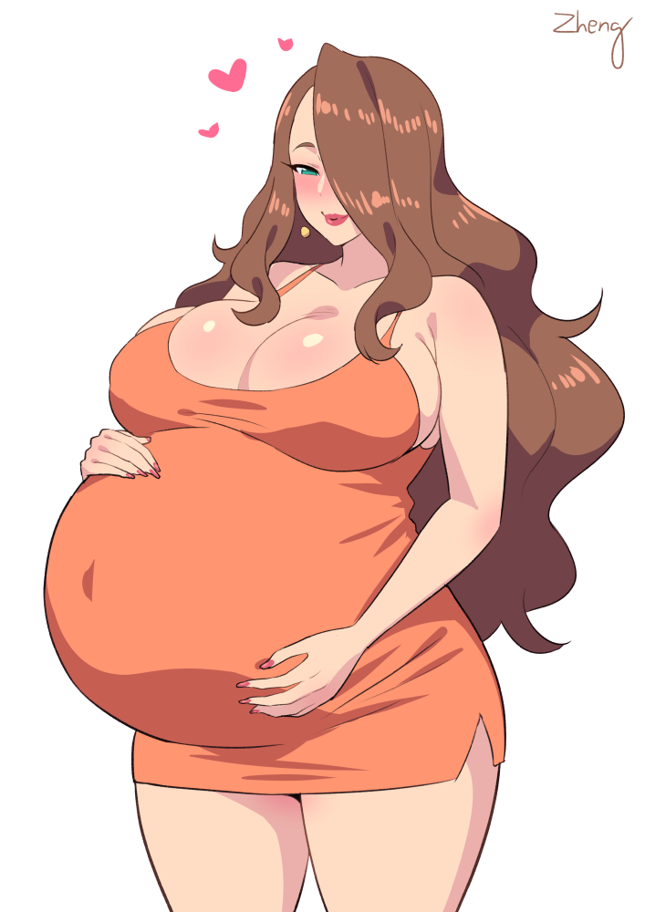 1girl artist_name big_belly blush breasts brown_hair cleavage closed_mouth dress green_eyes hair_over_one_eye heart large_breasts lips lipstick long_hair makeup mature_female nose_blush orange_dress original outie_navel pregnant simple_background smile standing white_background zheng