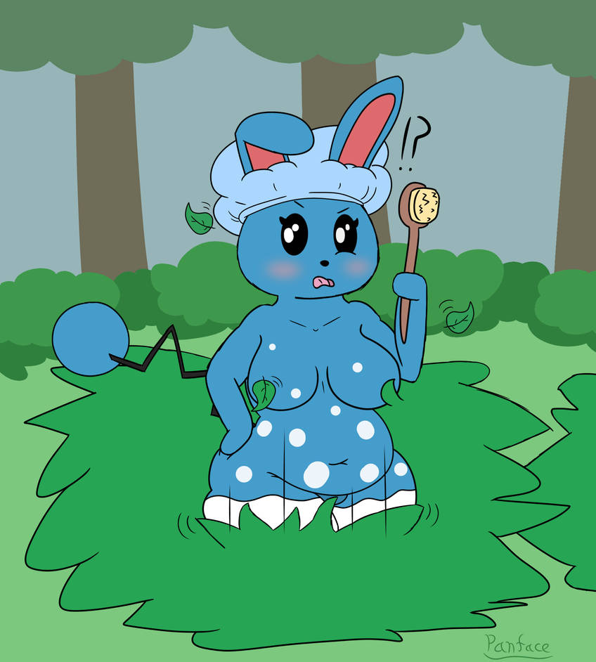 anthro azumarill better_version_at_source breasts brush female forest generation_2_pokemon nintendo nude overweight panface64 plant pokemon pokemon_(species) shower_cap shrub solo tree